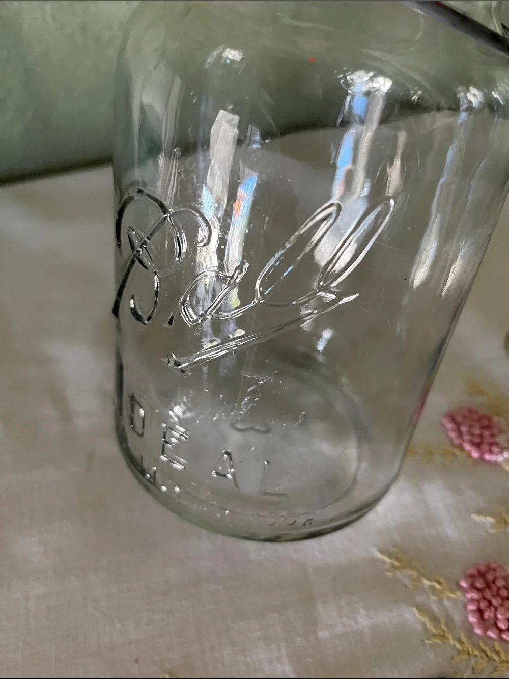 Vintage Ball Glass Canister – “Pat. Pend. 1908” Embossed Ball Logo & Wire Bail